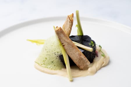 Oerbiet met rode biet demiglace, motti cress velouté en cashewnoot-gepofte knoflook crème.