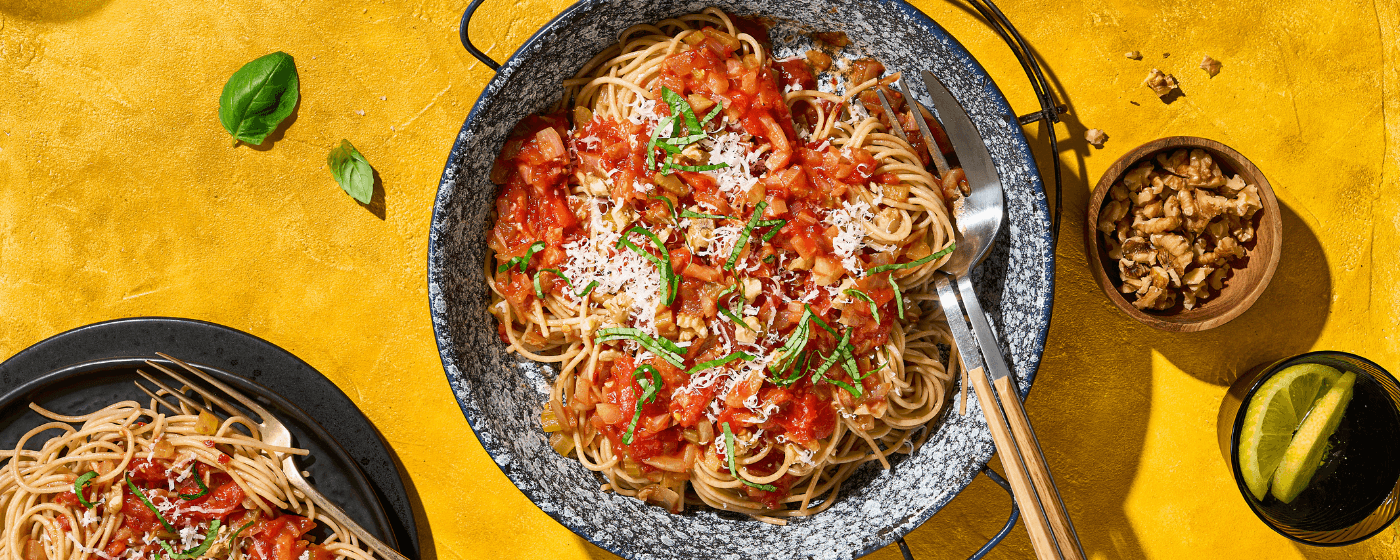 Spaghetti met tomaat en basilicum