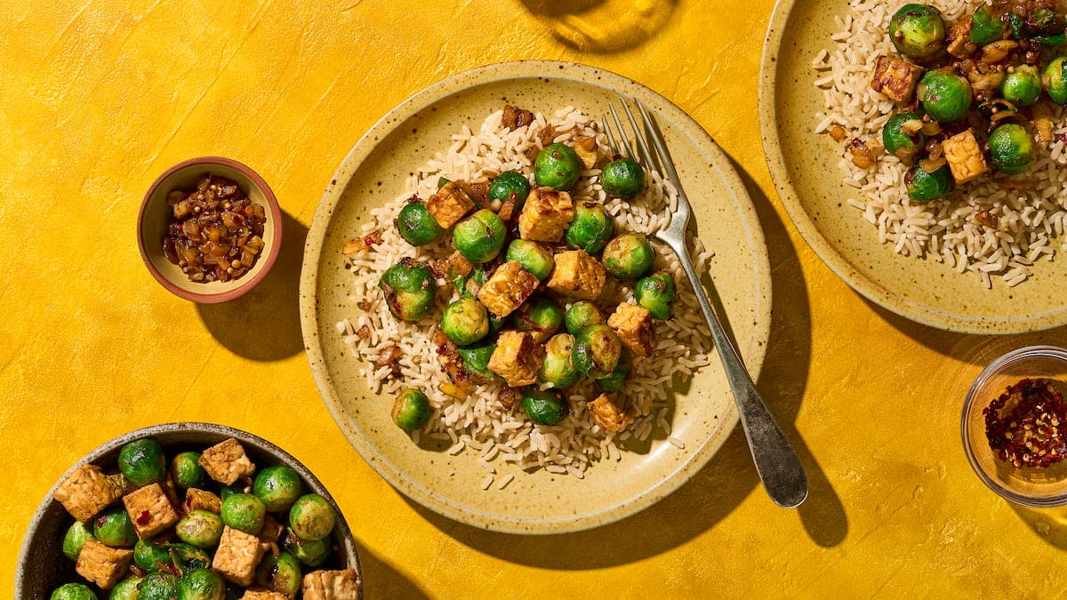 Rijst met spicy spruitjes en sticky tempé, geserveerd als kleurrijke rijstschotel met gekruide spruitjes en tempeh op een bord