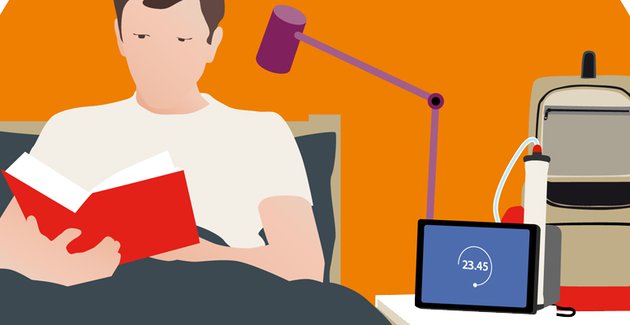 Illustratie van een man die in bed leest terwijl hij aangesloten is op een kunstnier.